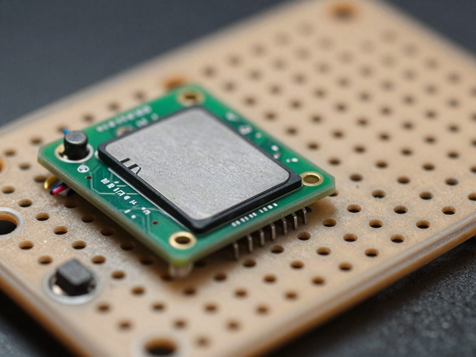 One lane of the array: a MicroSD breakout board soldered onto prototyping perfboard through a header strip, with a ceramic capacitor and jumper wires beside it.